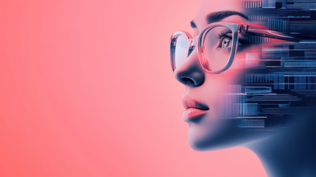 A woman with glasses and a digital face on it, AIの素材