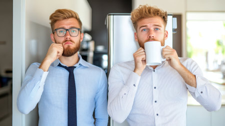 Two men standing next to each other with one holding a cup, AIの素材