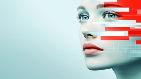 A womans face with a red and blue pattern on it, AIの素材
