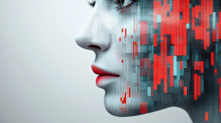 A womans face with a digital pattern on it, AIの素材