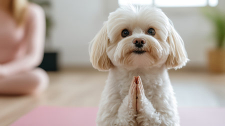 A cartoon fictional dog with human hands sitting on the floor close to a woman in yoga pants, AIの素材