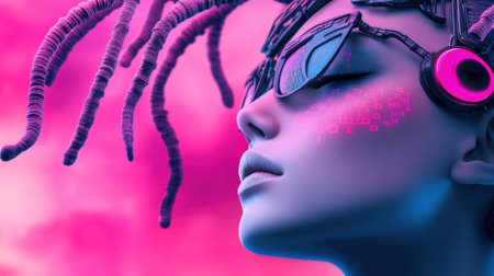 A woman with headphones and a pink headband on her face, AIの素材