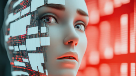 A close up of a womans face with many different colored squares, AIの素材