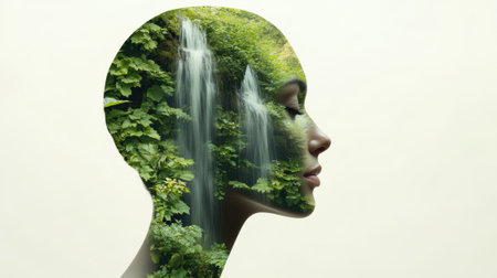 A womans face with a waterfall in the background, AIの素材