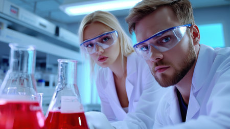 A man and woman in lab coats with beakers on table, AIの素材