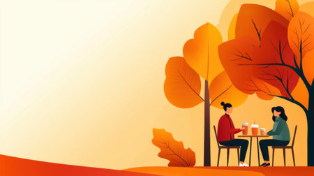 Two people sitting at a table under an autumn tree, AIの素材