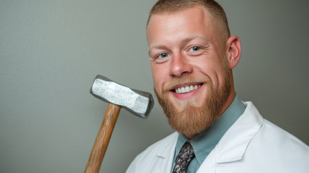 A man in a white lab coat holding up an axe, AIの素材