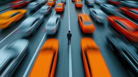 A man standing in the middle of a busy street full of cars, AIの素材