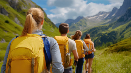 A group of people with backpacks walking down a mountain, AIの素材