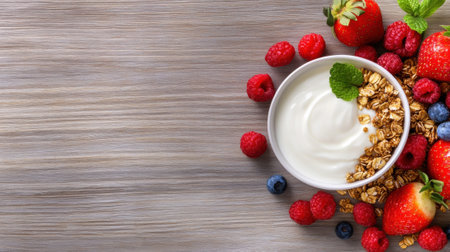 A bowl of yogurt with berries and granola on a wooden table, AIの素材