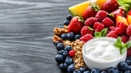 A table with fruit and yogurt in a bowl, AIの素材