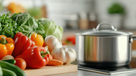 A large pan of vegetables on a cutting board next to other veggies, AIの素材
