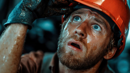 A man in a hard hat with his hand on the side of his face, AIの素材