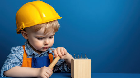 A young boy with a hard hat and hammer on his head, AIの素材