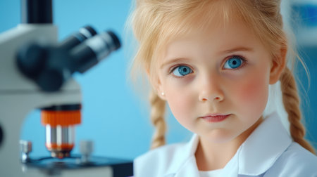 A little girl with blonde hair looking at a microscope, AIの素材