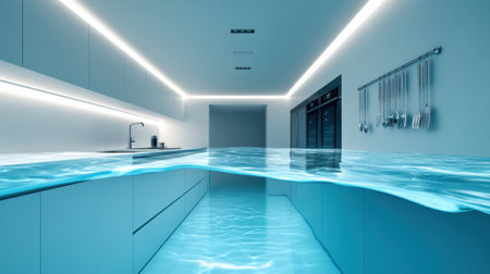 A kitchen with a blue light under the water and some cabinets, AIの素材