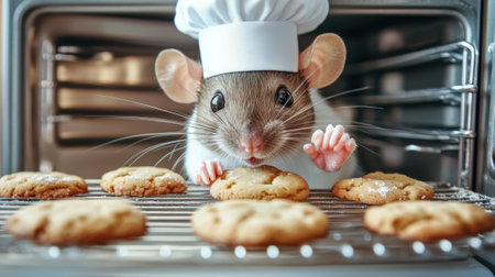 A mouse wearing a chef hat is reaching into an oven to grab cookies, AIの素材