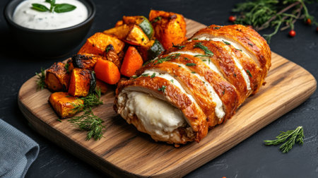 A close up of a meat and vegetable wrapped in pastry, AIの素材