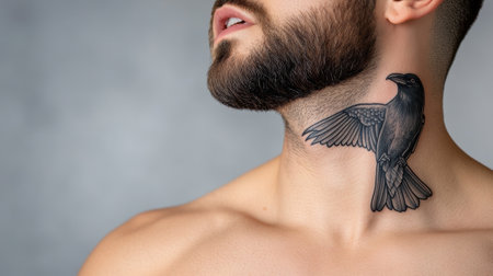 A man with a black bird tattoo on his neck, AIの素材