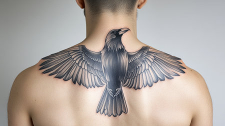 A man with a large black bird tattoo on his back, AIの素材