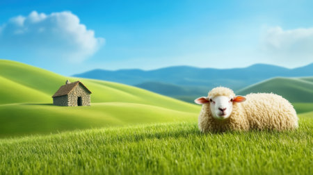 A sheep is laying in a field with mountains behind it, AIの素材