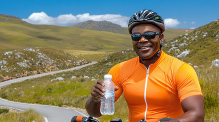 A man in an orange shirt and helmet holding a bottle of water, AIの素材