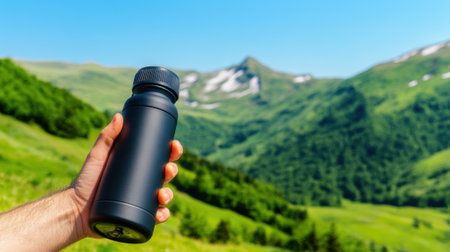 A person holding a black water bottle in front of mountains, AIの素材