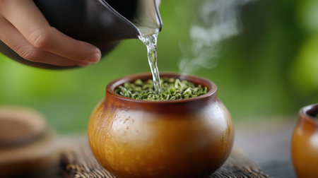A person pouring hot water into a yerba mate calabash cup on top of the table, AIの素材