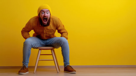 A man in a beanie sitting on top of a stool, AIの素材