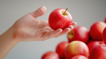A hand holding a red apple in front of many apples, AIの素材