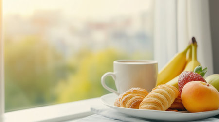 A plate of fruit and a cup on the window sill, AIの素材