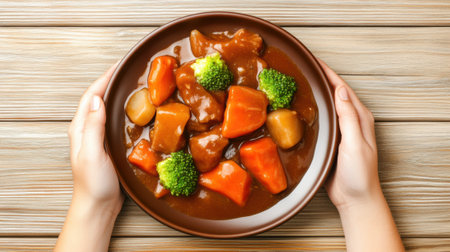 A person holding a bowl of food with broccoli and meat, AIの素材