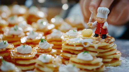 A close up of a chef doll on top of some pancakes, AIの素材