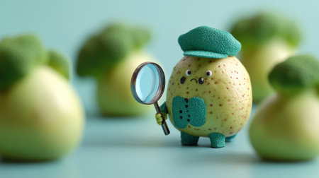 A potato with a hat and green suit holding magnifying glass, AIの素材