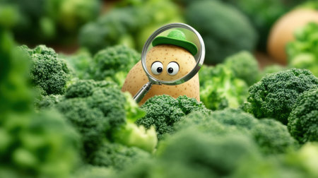 A potato with a hat and green eyes is looking through the leaves, AIの素材