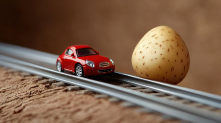 A toy car on a track next to an apple and potato, AIの素材