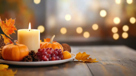 A candle is sitting on a plate with pumpkins and grapes, AIの素材