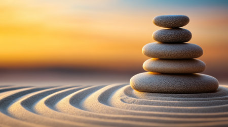 A stack of stones on top of sand dunes at sunset, AIの素材