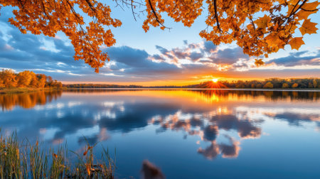 A lake with a sunset behind it and some trees, AIの素材