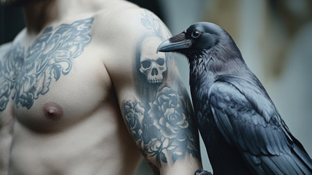 A man with a tattoo on his arm and a crow sitting next to him, AIの素材
