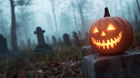 A pumpkin carved into a jack-o-lantern with glowing eyes, AIの素材