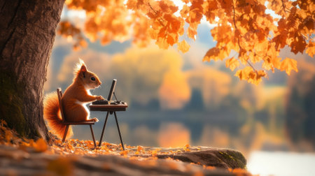 A squirrel sitting on a chair in front of an open laptop, AIの素材