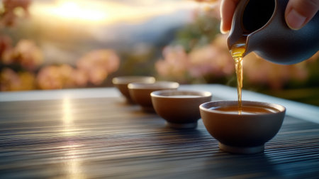 A person pouring tea into a cup from another small cups, AIの素材