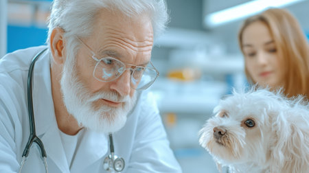 A man in white coat with glasses and a dog sitting on his lap, AIの素材