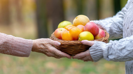 Two people holding a basket of apples and oranges, AIの素材