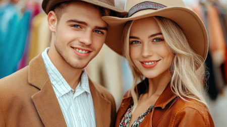 A man and woman posing for a picture in front of clothing, AIの素材