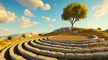 A tree is sitting on top of a stone structure, AIの素材