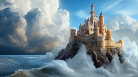 A castle on a rock in the middle of an ocean, AIの素材