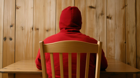 A person sitting at a wooden table in front of wood paneling, AIの素材