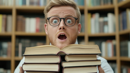A man with glasses holding a stack of books in front of him, AIの素材